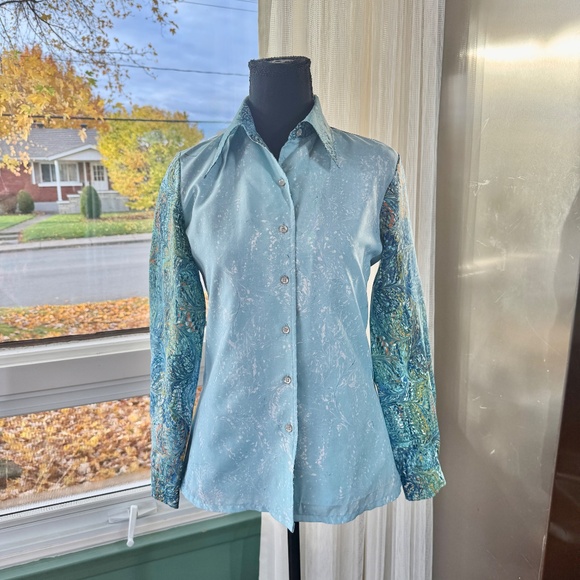 Vintage 80s twin set, camisole & blouse, blue abstract ombre print, 4/6 (S/M) - Picture 2 of 13